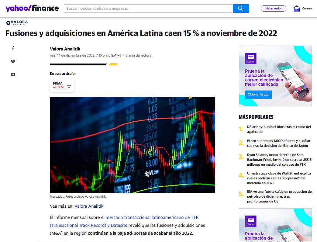 Fusiones y adquisiciones en Amrica Latina caen 15 % a noviembre de 2022